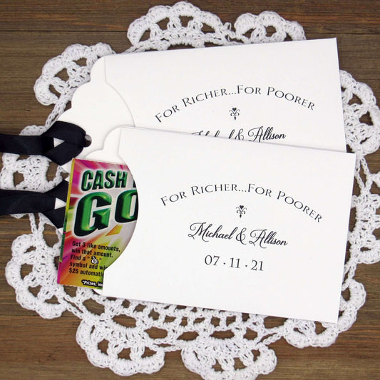 For Richer For Poorer Wedding Lottery Favors, slide a scratch off ticket in these envelopes for a fun wedding favor. Personalized for the bride and groom, your choice of envelope and ribbon color.