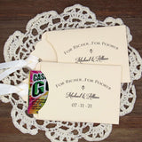 For Richer For Poorer Wedding Lottery Favors, slide a scratch off ticket in these envelopes for a fun wedding favor.  Personalized for the bride and groom, your choice of envelope and ribbon color.