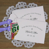 For Richer For Poorer Wedding Lottery Favors, slide a scratch off ticket in these envelopes for a fun wedding favor.  Personalized for the bride and groom, your choice of envelope and ribbon color.