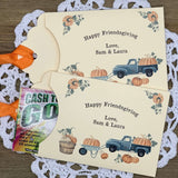 Thanksgiving Favors - Friendsgiving Favors such a nice add to your table.  Printed on ivory card stock and personalized for the host, adonred with a country truck.  Orange ribbon is included and comes attached, slide a lottery ticket in these for a fun favor.