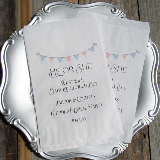 Gender Reveal Party Bags, he or she what will it be? Printed on white bags in blue and pink these can be filled to the brim with cookies, candy, popcorn any treat you desire.