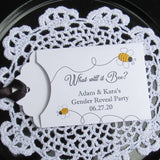 What will it bee gender reveal party favors.  Lottery ticket favor envelopes, adorned with bees and personalized for the parents to be.