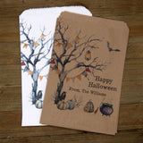 Personalized Spooky Halloween Treat Bags, perfect for trick or treat bags, candy bags or Halloween party favors.  Personalized for you and adorned with a spooky tree and Halloween fun graphics.  Larger than most treat bags, your choice of white or brown bags.
