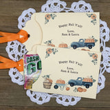 Thanksgiving Favors - Friendsgiving Favors such a nice add to your table.  Printed on ivory card stock and personalized for the host, adonred with a country truck.  Orange ribbon is included and comes attached, slide a lottery ticket in these for a fun favor.