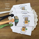 Personalized Housewarming Party Favors for your event.  Printed on white card stock with choice of ribbon color.  Slide a lotto ticket in and see who wins.  Home sweet home party favors.