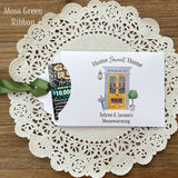 Personalized Housewarming Party Favors for your event.  Printed on white card stock with choice of ribbon color.  Slide a lotto ticket in and see who wins.  Home sweet home party favors.
