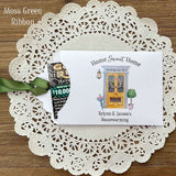 Personalized Housewarming Party Favors for your event.  Printed on white card stock with choice of ribbon color.  Slide a lotto ticket in and see who wins.  Home sweet home party favors.