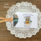 Personalized Housewarming Party Favors for your event.  Printed on white card stock with choice of ribbon color.  Slide a lotto ticket in and see who wins.  Home sweet home party favors.