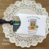 Personalized Housewarming Party Favors for your event.  Printed on white card stock with choice of ribbon color.  Slide a lotto ticket in and see who wins.  Home sweet home party favors.