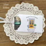 Personalized Housewarming Party Favors for your event.  Printed on white card stock with choice of ribbon color.  Slide a lotto ticket in and see who wins.  Home sweet home party favors.