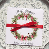 Personalized Christmas gift card holders, adorned with a beautiful holiday wreath these are also perfect to slide a lottery ticket in for a coworker, neighbor or friend.