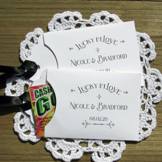Lucky In Love Wedding Lotto Favors, personalized for the bride and groom. Slide a lottery ticket these adorable envelopes for a fun wedding favor.