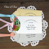 Lottery Ticket Wedding Guest Favors personalized for the bride and groom.  Printed with 'introducing the new Mr. & Mrs. followed by your personal information.  Slide a lottery ticket in these for a fun favor.  Your choice of envelope and ribbon color.