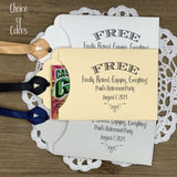 Retirement Party favors, personalized for the guest of honor.  Slide a lottery ticket in the open end of these cute envelopes for a fun favor.  Your choice of envelope and ribbon color.