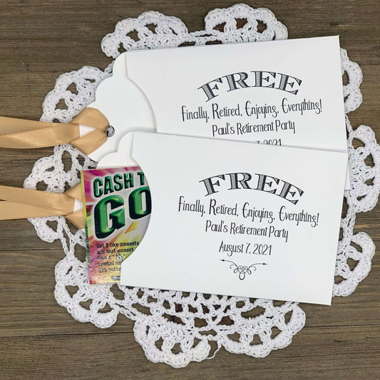 Retirement Celebration Party Favors, personalized for the guest of honor. Slide a lottery ticket in the open end of these cute envelopes for a fun favor. Your choice of envelope and ribbon color.