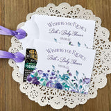 Lavender Baby Shower Favors Scratch Off Lotto Envelopes, fun for everyone!  White envelopes with delicate lavender flowers printed at the bottom and personalized for the guest of honor.  Lavender ribbon included and comes attached.