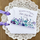 Lavender Baby Shower Favors Scratch Off Lotto Envelopes, fun for everyone!  White envelopes with delicate lavender flowers printed at the bottom and personalized for the guest of honor.  Lavender ribbon included and comes attached.