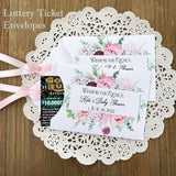 Pink Floral Baby Shower Favors Personalized  for the Mother to be.  Slide a lottery ticket in these cute envelopes to see who wins.