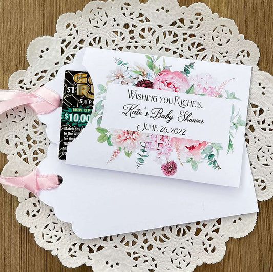 Pink Floral Baby Shower Favors Personalized for the Mother to be. Slide a lottery ticket in these cute envelopes to see who wins.
