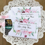 Pink Floral Baby Shower Favors Personalized  for the Mother to be.  Slide a lottery ticket in these cute envelopes to see who wins.