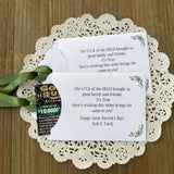Unique St. Patrick's Day Favors Lottery Ticket Holders 'The Luck of the Irish' poem and personalized for you.  Printed on white card stock, with green ribbon attached.  Slide a lotto ticket in these custom envelopes to  see who has the Luck of the Irish.