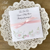 Tea Party Baby Shower Favors add your favorite tea bags to these envelopes for a sweet baby shower favor.  Tea for two, perfect for a twin baby shower.  Adonred with tea pot and cups in pink and white.