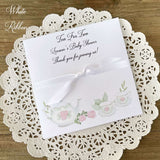 Tea Party Baby Shower Favors add your favorite tea bags to these envelopes for a sweet baby shower favor.  Tea for two, perfect for a twin baby shower.  Adonred with tea pot and cups in pink and white.