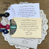 Unique Wedding Favors to thank your guests for their love and support.  Lottery favors, slide a lotto ticket in to see who wins.  Personalized for the bride and groom, choice of envelope and ribbon color.