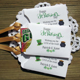 Personalized St. Patrick's Day party favors, 'Happy St. Patrick's Day, wishing you the LUCK of the Irish'.  Printed on white card stock, adorned with a green hat, pot of gold and gold ribbon attached.  Slide a lottery ticket in the open end and see who has the LUCK of the Irish.