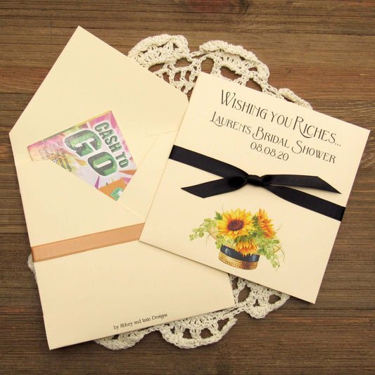 Personalized Sunflower Bridal Shower Favors, printed on ivory card stock with ribbon tied around the center. These personalized lotto ticket favors will be a fun and easy favor.
