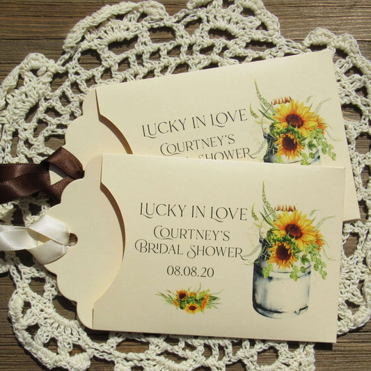 Sunflower Bridal Shower Favors personalized for the guest of honor. Lotto ticket envelopes for bridal shower favors adorned with sunflowers.