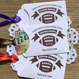 Super Bowl Party Favors, printed on white card stock with your choice of ribbon color.  Personalized for you, adorned with a football and the party date.  Slide a scratch off lottery ticket in the open end, a fun party favor.