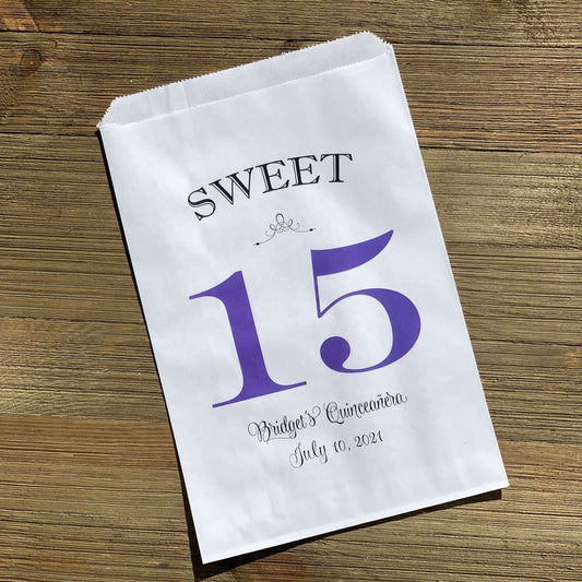 Quinceanera Favor Bags Personalized for the Guest of Honor Printed with a large sweet 15, your choice of 5 color.