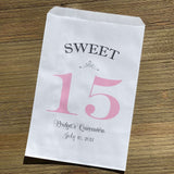 Quinceanera Favor Bags Personalized for the Guest of Honor Printed with a large sweet 15, your choice of 5 color.