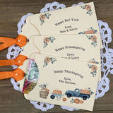 Thanksgiving Favors - Friendsgiving Favors such a nice add to your table.  Printed on ivory card stock and personalized for the host, adonred with a country truck.  Orange ribbon is included and comes attached, slide a lottery ticket in these for a fun favor.