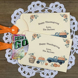Thanksgiving Favors - Friendsgiving Favors such a nice add to your table.  Printed on ivory card stock and personalized for the host, adonred with a country truck.  Orange ribbon is included and comes attached, slide a lottery ticket in these for a fun favor.
