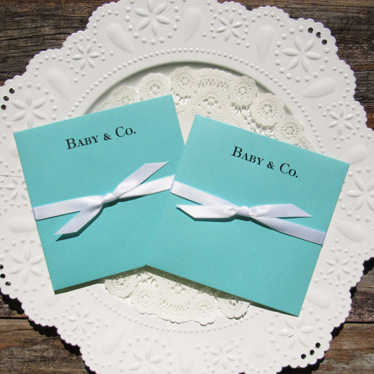 Aqua Blue Baby Shower Favors Personalized with baby name & Co. White ribbon comes attached, slide a lotto ticket in these for a fun party favor.