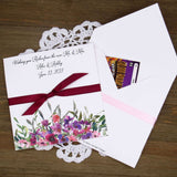 Purple Floral Wedding Guest Favors printed on white card stock with ribbon tied.  Personalized lottery ticket envelope favors, insert an instant lotto ticket for a fun guest favor.