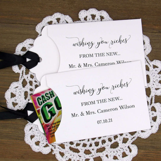 Wishing You Riches Wedding Lottery Favors, fun and easy wedding guest favors, slide a scratch off lotto ticket in these personalized lottery envelopes and see who wins big.