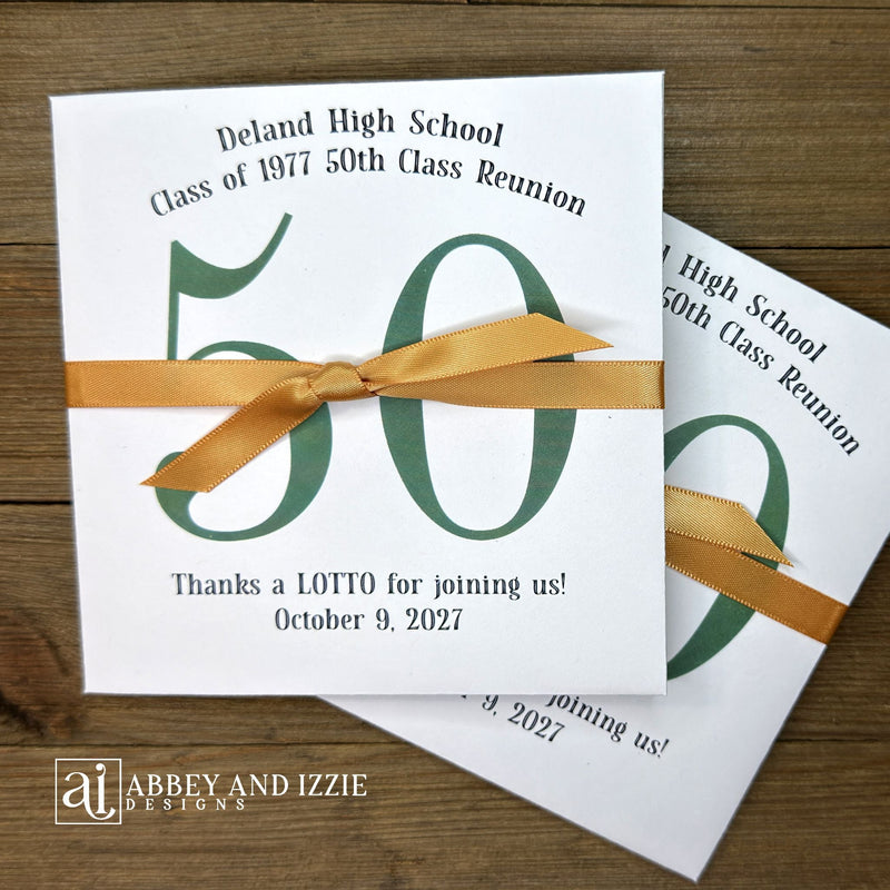 Fun and easy class reunion favors, enclose a lotto ticket to see who wins! Personalized lottery ticket holders are the perfect ice breaker for your reunion. They measure 5" x 5" and come fully assembled, printed on white card stock with ribbon attached. 