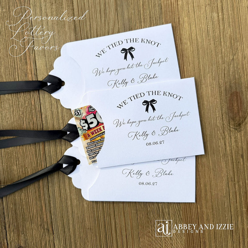 Personalized wedding guest favors, lottery ticket envelopes, wedding favor bags, wedding hand fans.  