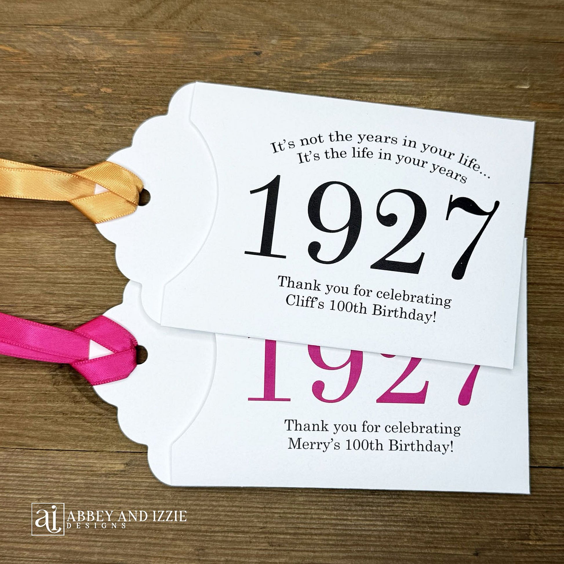 Our 100th birthday party favors are personalized for the guest of honor, your choice of ribbon color and year color. Always a fun ice breaker, slide a scratch off ticket in and see who is the winner! Each 100th birthday favor comes with the year the honoree was born printed in the center with 'It's not the years in your life...it's the life in your years' and happy birthday to the guest of honor. These can be made for any birthday year, 50th, 60th, 70th, 100th your choice. 100th Birthday Party Favors