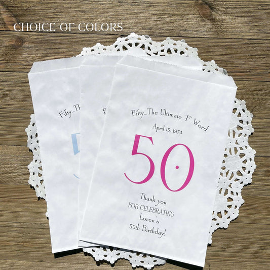 50th Birthday Favor Bags Personalized , guest of honor birth date and name thanking your guests for celebrating with you.  Large bags can hold sweet treats, popcorn, pretzels or use for napkin and utensils.  