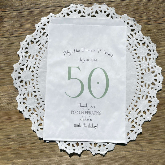 0th Birthday Favor Bags Personalized , guest of honor birth date and name thanking your guests for celebrating with you.  Large bags can hold sweet treats, popcorn, pretzels or use for napkin and utensils.  