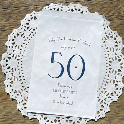 0th Birthday Favor Bags Personalized , guest of honor birth date and name thanking your guests for celebrating with you.  Large bags can hold sweet treats, popcorn, pretzels or use for napkin and utensils.  