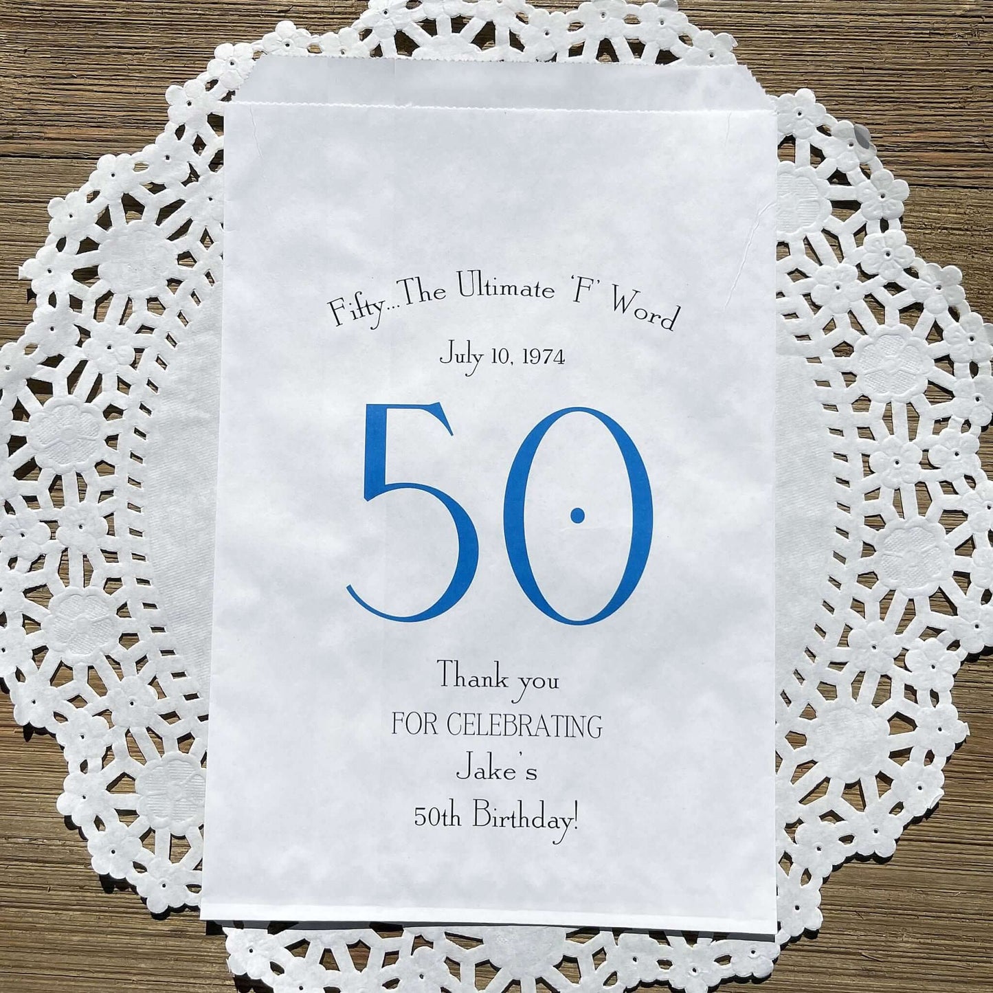 0th Birthday Favor Bags Personalized , guest of honor birth date and name thanking your guests for celebrating with you.  Large bags can hold sweet treats, popcorn, pretzels or use for napkin and utensils.  