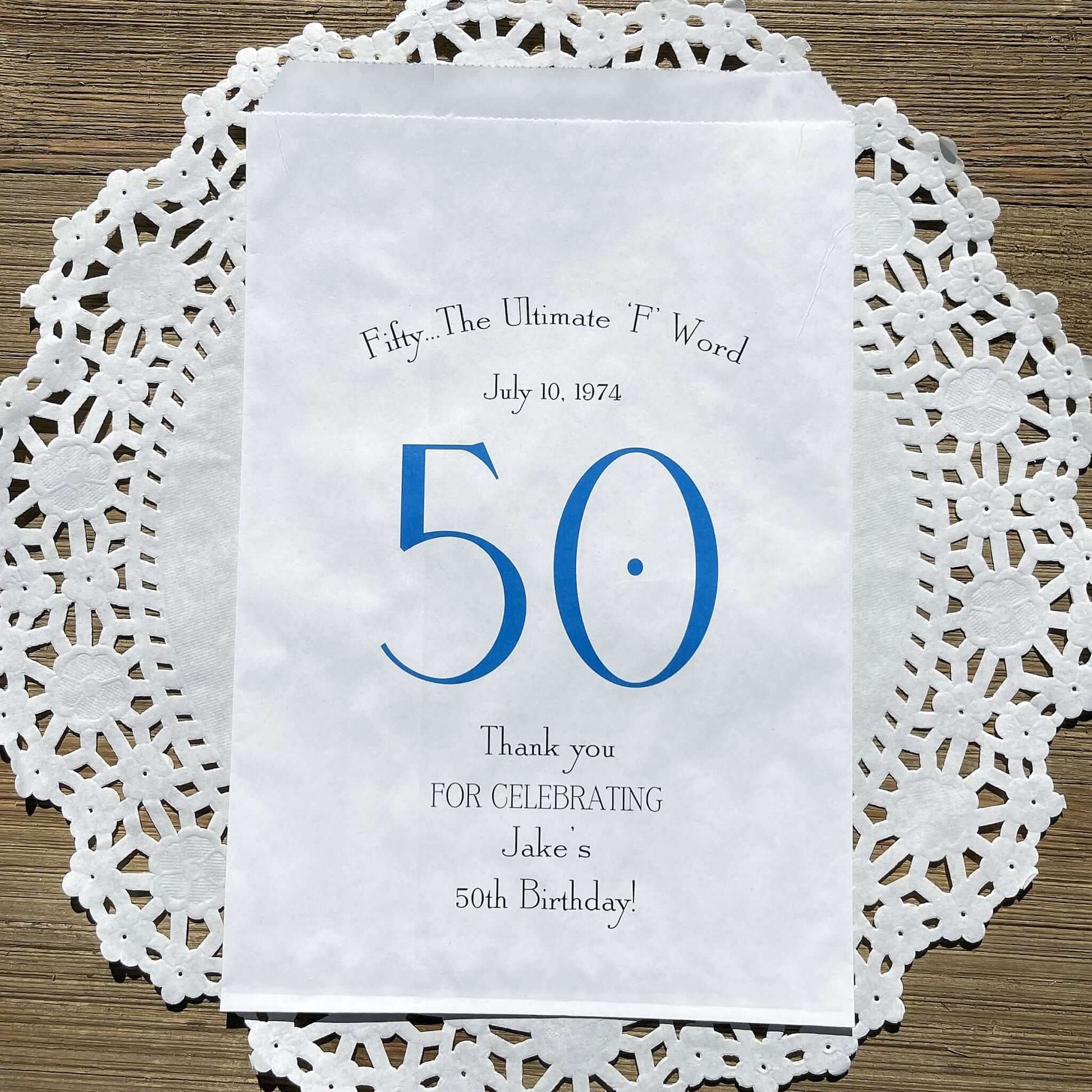 0th Birthday Favor Bags Personalized , guest of honor birth date and name thanking your guests for celebrating with you.  Large bags can hold sweet treats, popcorn, pretzels or use for napkin and utensils.  