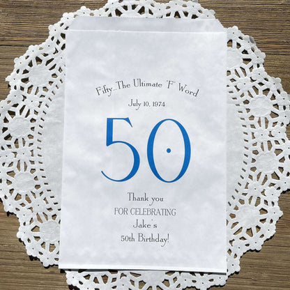 0th Birthday Favor Bags Personalized , guest of honor birth date and name thanking your guests for celebrating with you.  Large bags can hold sweet treats, popcorn, pretzels or use for napkin and utensils.  