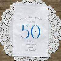 White bags printed with a large 50 in color, guest of honor birth date and name thanking your guests for celebrating with you.  Large bags can hold sweet treats, popcorn, pretzels or use for napkin and utensils. 