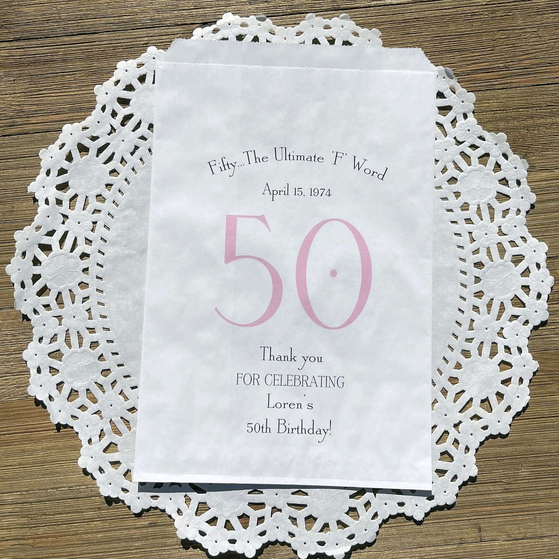0th Birthday Favor Bags Personalized , guest of honor birth date and name thanking your guests for celebrating with you.  Large bags can hold sweet treats, popcorn, pretzels or use for napkin and utensils.  